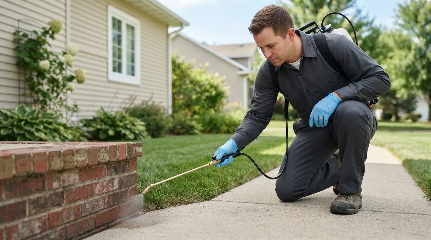 Pest control technician treating a home near Winsted, MN
