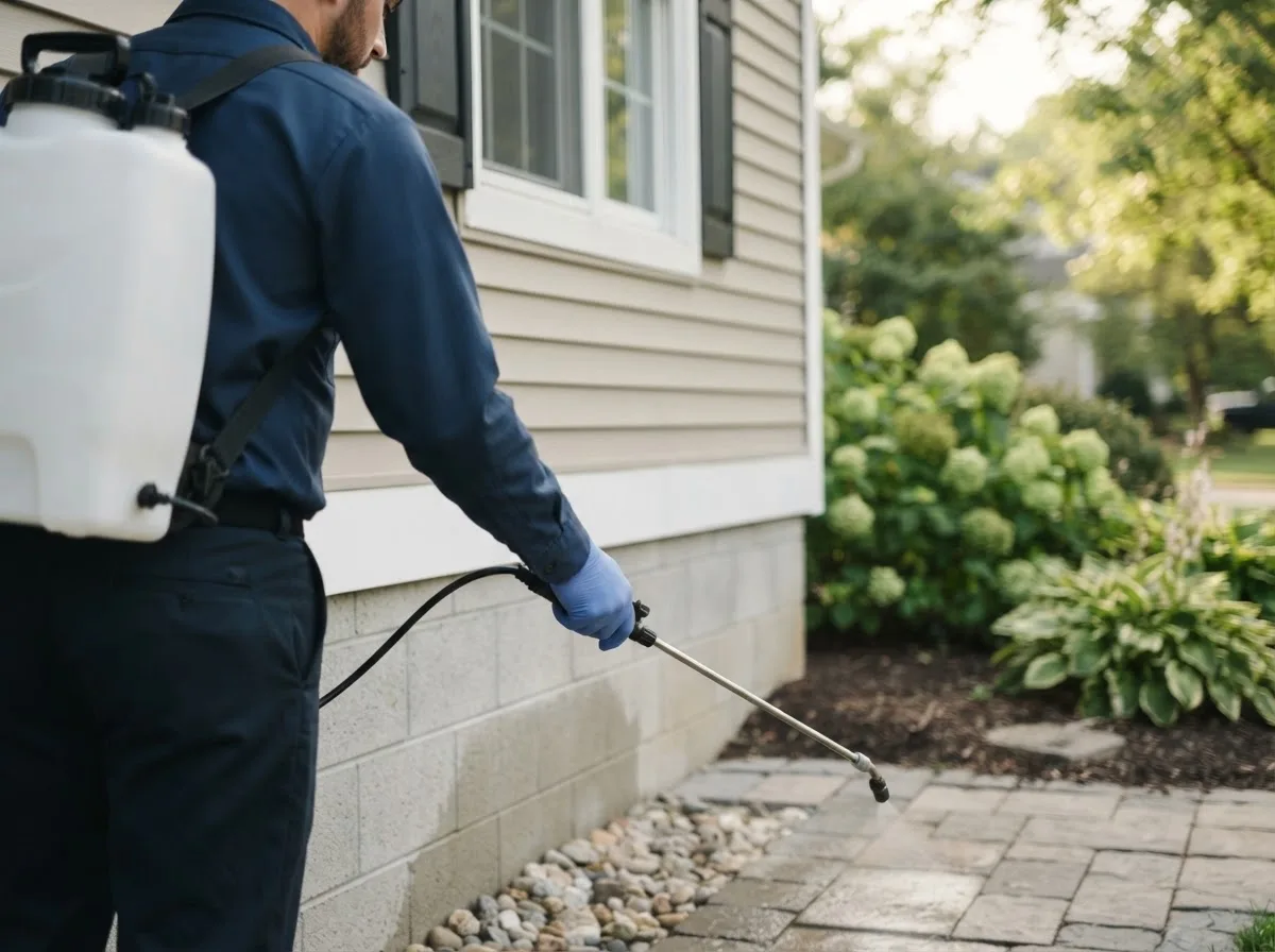 Pest control technician inspecting a home in Winsted, MN
